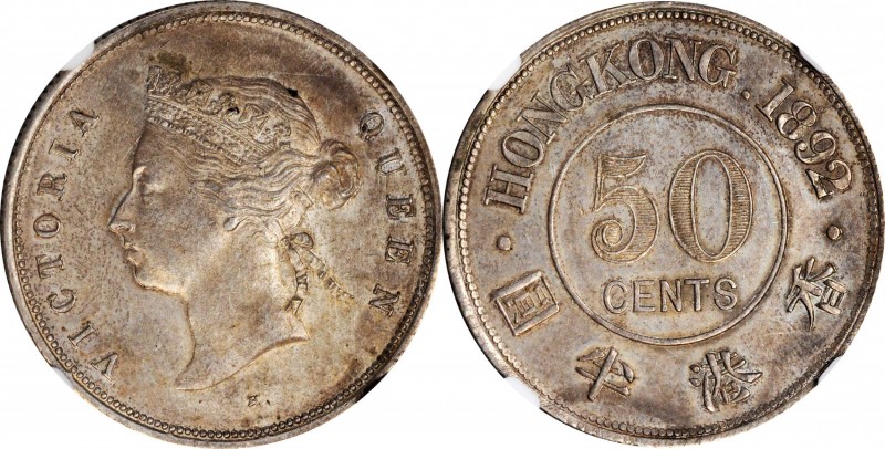 HONG KONG. 50 Cents, 1892-H. Heaton Mint. Victoria. NGC AU-55.
KM-9.2; Mars-C34...