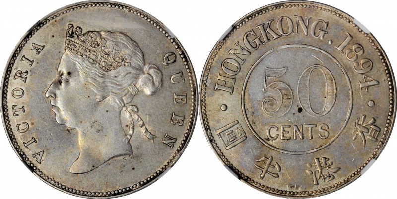 HONG KONG. 50 Cents, 1894. London Mint. Victoria. NGC AU-58.
KM-9.1. Mars-C34. ...