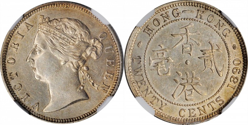 HONG KONG. 20 Cents, 1890. London Mint. Victoria. NGC AU-55.
KM-7; Mars-C28. A ...