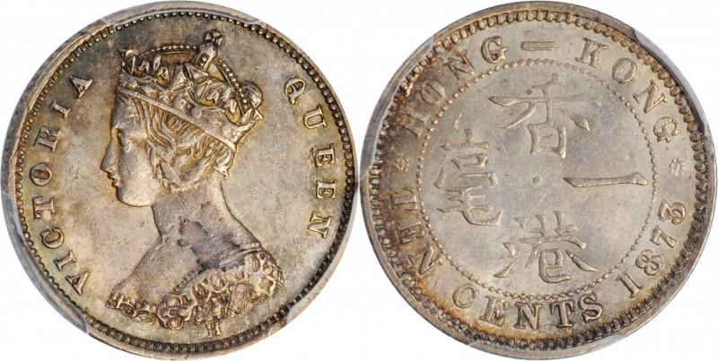 HONG KONG. 10 Cents, 1873/63-H. Heaton Mint. Victoria. PCGS AU-58 Gold Shield.
...