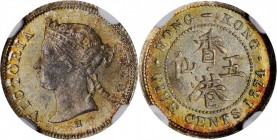 HONG KONG. 5 Cents, 1874-H. Heaton Mint. Victoria. NGC MS-66.