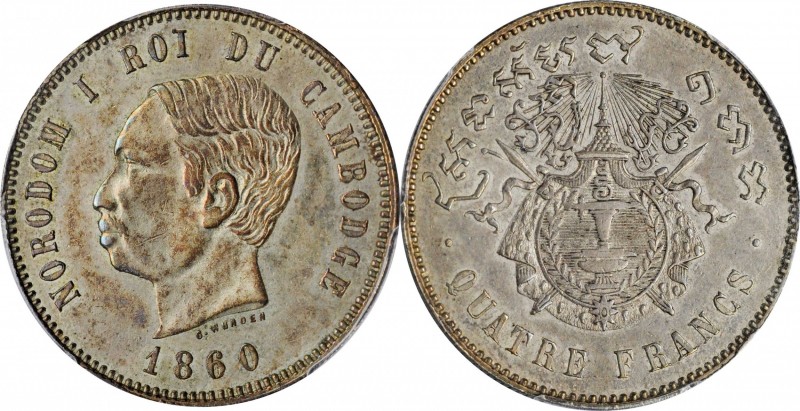 CAMBODIA. 4 Francs, 1860. Norodom I. PCGS AU-55 Gold Shield.
KMX-M8; Gad-8; Lec...