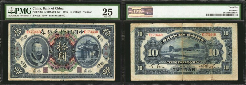 CHINA--REPUBLIC. Bank of China. 10 Dollars, 1912. P-27r. PMG Very Fine 25.
(S/M...