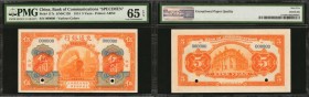 CHINA--REPUBLIC. Bank of Communications. 5 Yuan, 1914. P-117s. Specimen. PMG Gem Uncirculated 65 EPQ.