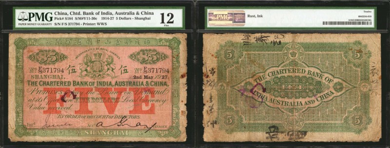 CHINA--FOREIGN BANKS. Chartered Bank of India, Australia & China. 5 Dollars, 191...