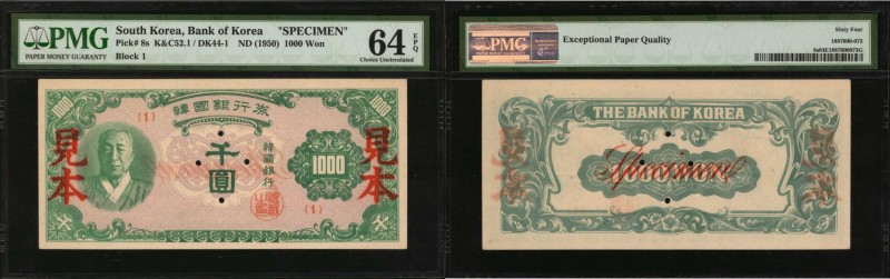 KOREA, SOUTH. Bank of Korea. 1000 Won, ND (1950). P-8s. Specimen. PMG Choice Unc...