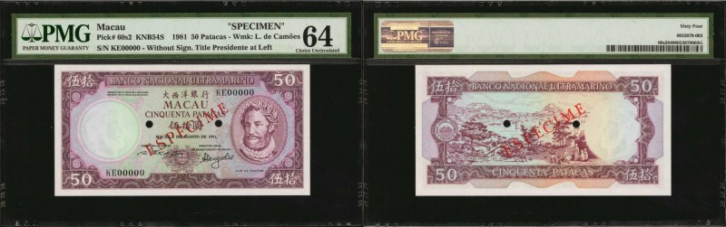 MACAU. Banco Nacional Ultramarino. 50 Patacas, 1981. P-60s2. Specimen. PMG Choic...