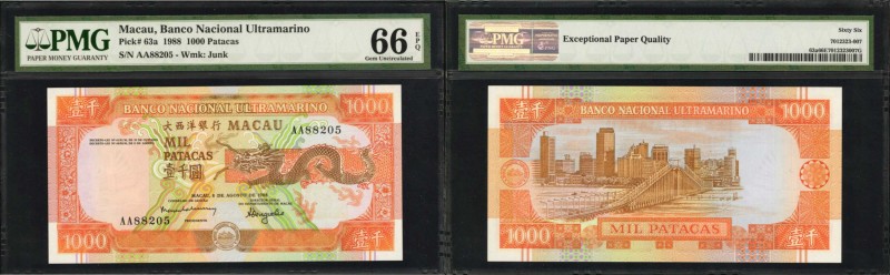 MACAU. Banco Nacional Ultramarino. 1000 Patacas, 1988. P-63a. PMG Gem Uncirculat...