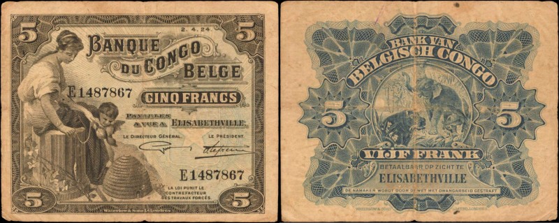 BELGIAN CONGO. Banque du Congo Belge. 5 Francs, 1924. P-4. Very Fine.
Allegoric...