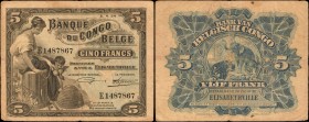 BELGIAN CONGO. Banque du Congo Belge. 5 Francs, 1924. P-4. Very Fine.