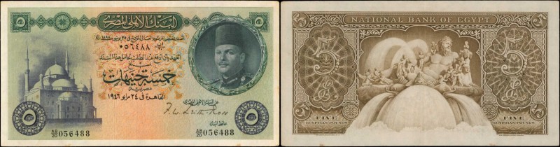 EGYPT. National Bank of Egypt. 5 Pounds, 1946-50. P-25a. About Uncirculated.
A ...