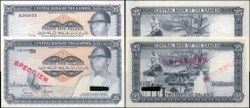 GAMBIA. Central Bank of  Gambia. 25 Dalasis, ND (1972-83). P-7b & 7as. Issued Note & Specimen. About Uncirculated & Uncirculated.