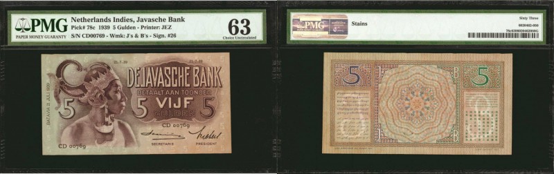 NERLANDS INDIES. Javasche Bank. 5 Gulden, 1939. P-78c. PMG Choice Uncirculated 6...