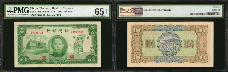 CHINA--TAIWAN. Bank of Taiwan. 100 Yuan, 1947. P-1941. PMG Gem Uncirculated 65 E...