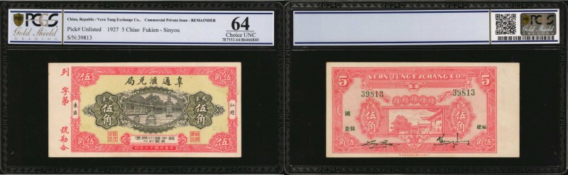 CHINA--MISCELLANEOUS. Vern Tung Exchange Co. 5 & 10 Chiao, 1927. P-Unlisted. Rem...