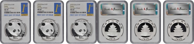 CHINA. Silver 10 Yuan (3 Pieces), 2018. Panda Series, First Day of Issue. All NG...