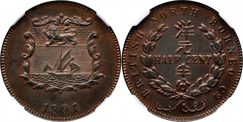 BRITISH NORTH BORNEO. 1/2 Cent, 1891-H. Heaton Mint. NGC MS-62 Brown.
KM-1; Tan...