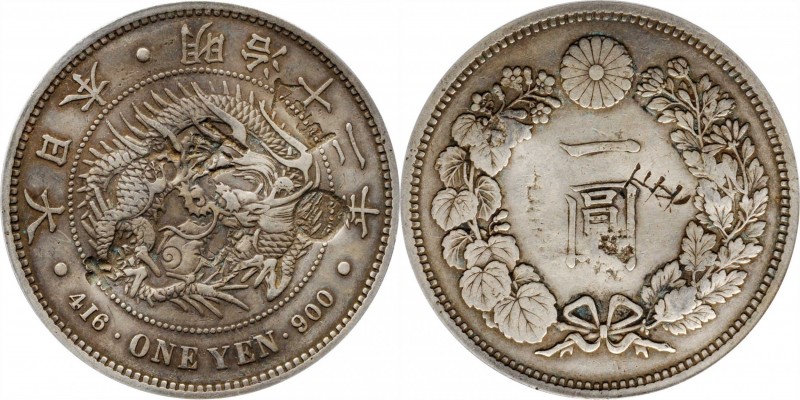 JAPAN. Yen, Year 12 (1879). Mutsuhito (Meiji). PCGS Genuine--Chopmark, EF Detail...