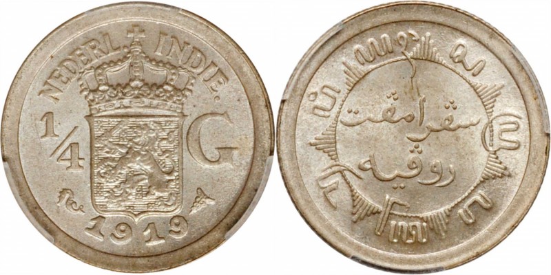 NETHERLANDS EAST INDIES. 1/4 Gulden, 1919-(u). Utrecht Mint; privy mark: seahors...