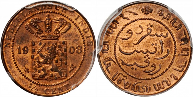 NETHERLANDS EAST INDIES. 1/2 Cent, 1908-(u). Utrecht Mint; privy mark: broadaxe....