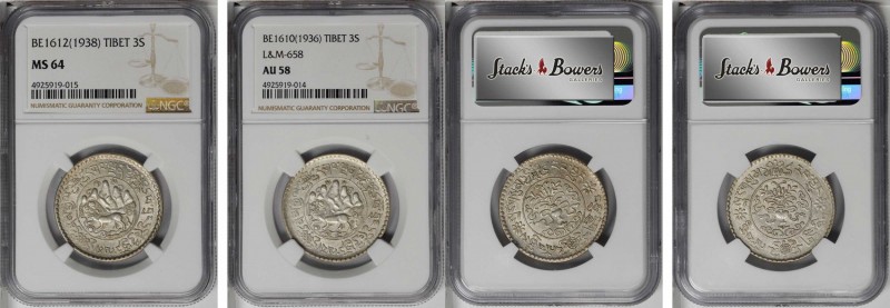 TIBET. Duo of 3 Srang (2 Pieces), BE 1610 & 1612 (1936 & 1938). Both NGC Certifi...