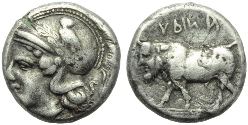 Campania, Hyria, Plated Didrachm, c. 405-385 BC; AR (g 6,17; mm 18; h 2); Head o...