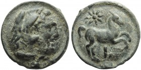 Apulia, Luceria, Cast Nummus, c. 217-212 BC; AE (g 86,70; mm 48; h 12); Head of Herakles r., wearing lion skin, Rv. Horse prancing r.; above, star; be...
