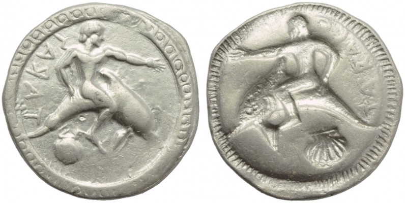 Apulia, Tarantum, Nomos, c. 510-500 BC; AR (g 7,87; mm 25; h 12); TΑΡΑΣ, oecist ...