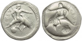 Apulia, Tarantum, Nomos, c. 510-500 BC; AR (g 7,87; mm 25; h 12); TΑΡΑΣ, oecist riding dolphin l.; below, shell, Rv. Same type incuse. HNItaly 826; Vl...