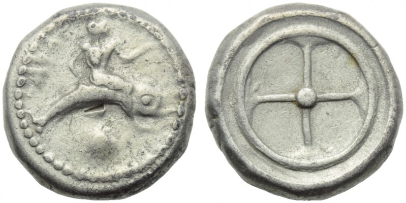 Apulia, Tarentum, Nomos, c. 500-480 BC; AR (g 8,03; mm 19; h 12); TΑΡΑΣ (retrogr...