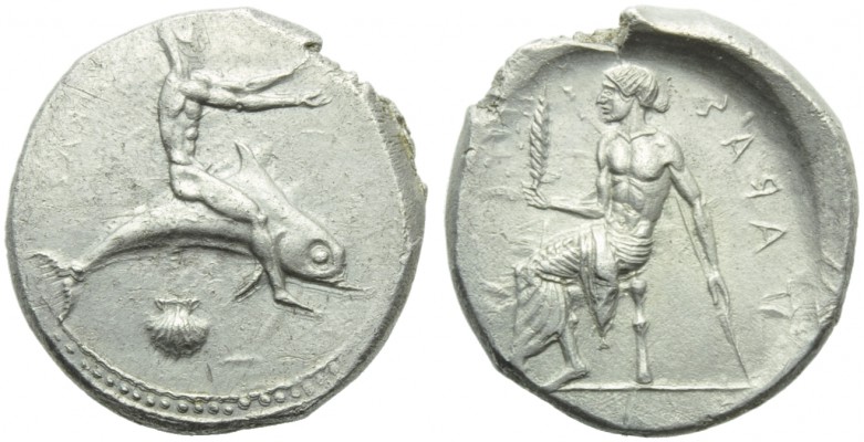 Apulia, Tarantum, Nomos, c. 470-425 BC; AR (g 7,87; mm 22; h 12); Oecist riding ...