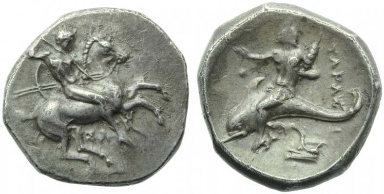 Apulia, Tarentum, Nomos, c. 332-302 BC; AR (g 7,79; mm 21; h 5); Horseman gallop...