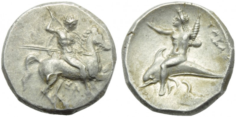 Apulia, Tarentum, Nomos, c. 290-281 BC; AR (g 7,91; mm 21; h 3); Horseman gallop...
