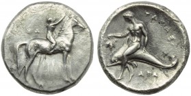Apulia, Tarentum, Nomos, c. 302-280 BC; AR (g 7,70; mm 22; h 10); Horseman advancing l., crowning horse; on l., [ΣA]; below, [ΦΙΛΙΑΡΧΟΣ], Rv. ΤΑΡΑΣ, o...