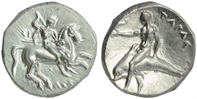 Apulia, Tarentum, Nomos, c. 302-280 BC; AR (g 7,89; mm 21; h 10); Horseman gallo...