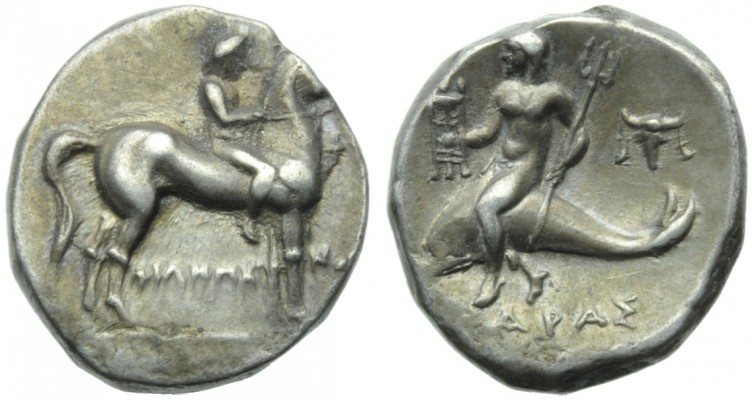Apulia, Tarentum, Nomos, c. 227-240 BC; AR (g 6,53; mm 20; h 12); Horseman advan...