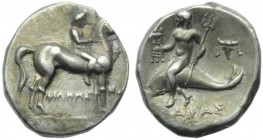 Apulia, Tarentum, Nomos, c. 227-240 BC; AR (g 6,53; mm 20; h 12); Horseman advancing l.; below, ΦΙΛΗΜΕ - ΝΟΣ, Rv. ΤΑΡΑΣ, oecist riding dolphin l., hol...