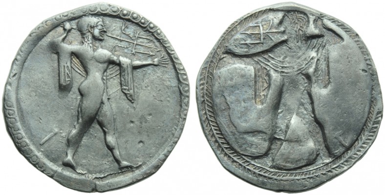 Lucania, Poseidonia, Stater, c. 530-500 BC.; AR (g 7,45; mm 30; h 12); [ΠΟΣ], Po...