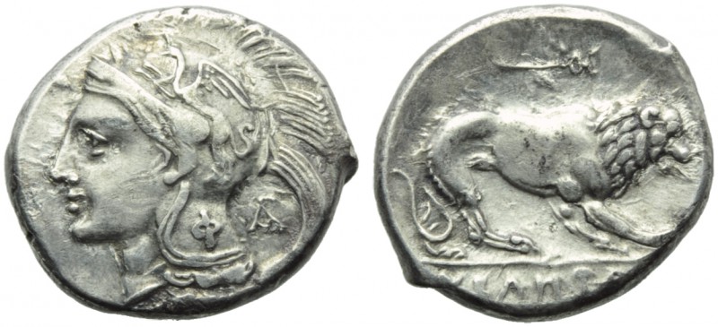 Lucania, Velia, didrachm, c. 280 BC; AR (g 7,38; mm 21; h 1); Head of Athena l.,...