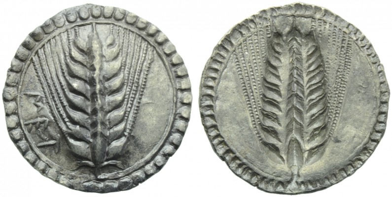 Lucania, Metapontion, c. 540-510 BC; AR (g 8,19; mm 28; h 12); MET, barley ear, ...