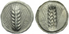Lucania, Metapontion, Stater c. 540-510 BC; AR (g 8,28; mm 29; h 12); ME - TA (retrograde), barley ear, Rv. Same type incuse. HNItaly 1470; Noe 90. Ca...