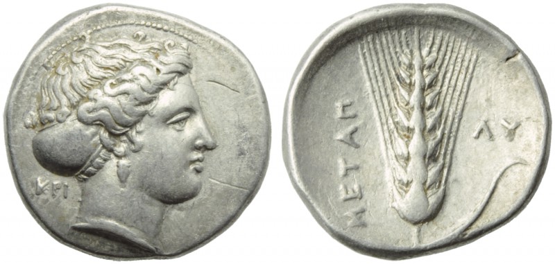 Lucania, Metapontion, Stater, c. 400-340 BC; AR (g 7,74; mm 23; h ; Head of Deme...
