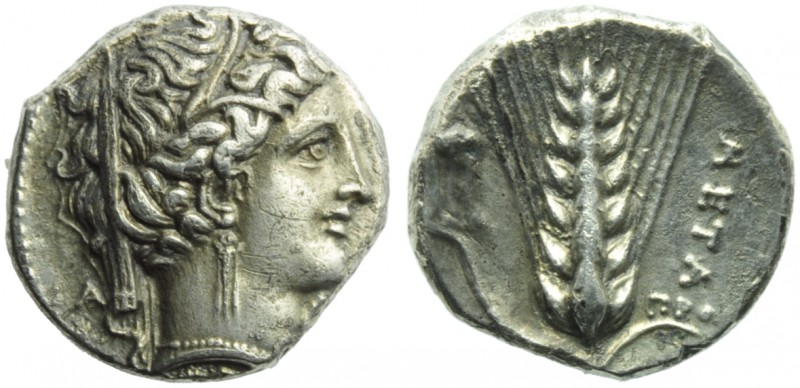 Lucania, Metapontion, Stater, c. 340-330 BC; AR (g 7,56; mm 20; h 1); Veiled hea...