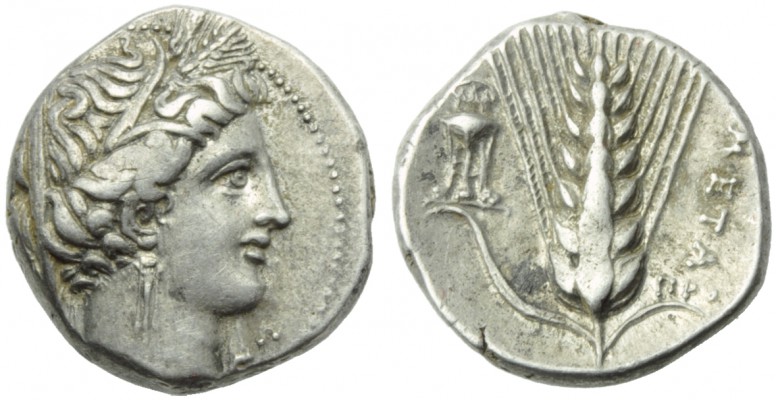 Lucania, Metapontion, Didrachm, c. 225-200 BC; AR (g 8,00; mm 20; h 9); Veiled h...