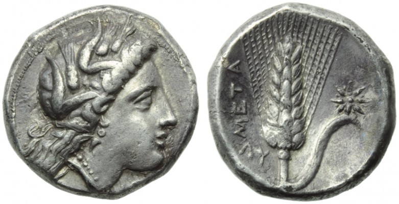Lucania, Metapontion, Stater, c. 330-290 BC; AR (g 7,67; mm 20; h 4); Head of De...