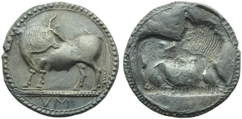 Lucania, Sybaris, Stater, c. 550-510 BC; AR (g 8,21; mm 28; h 12); Bull advancin...