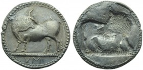 Lucania, Sybaris, Stater, c. 550-510 BC; AR (g 8,21; mm 28; h 12); Bull advancing l., head turned back; in ex., MV (retrograde), Rv. Same type incuse....