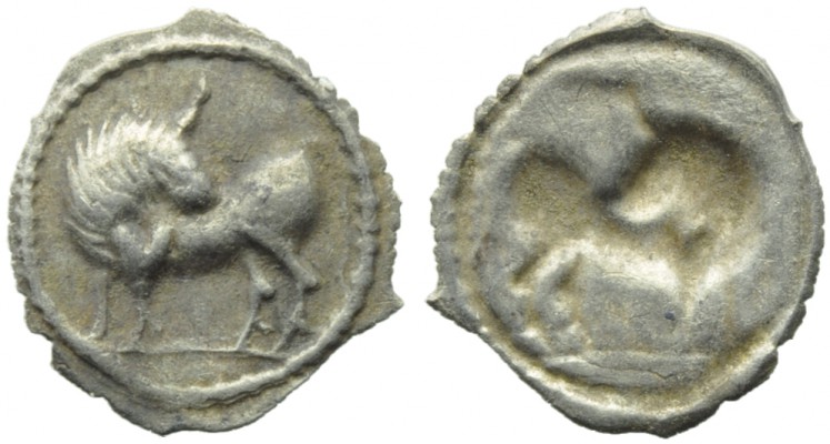 Lucania, Sybaris, Obol, c. 550-510 BC; AR (g 0,19; mm 11; h 12); Bull advancing ...