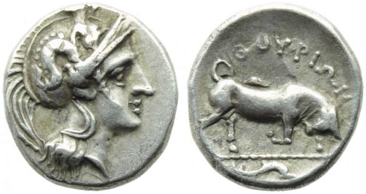 Lucania, Thurium, Triobol, c. 443-400 BC; AR (g 0,97; mm 11; h 12); Head of Athe...