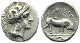 Lucania, Thurium, Triobol, c. 443-400 BC; AR (g 0,97; mm 11; h 12); Head of Athena r., wearing Attic helmet decorated with Scylla hulring stone, Rv. Θ...